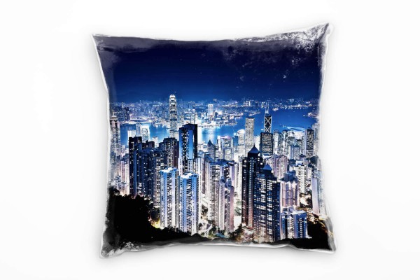 Paul Sinus Art City, schwarz, blau, Hongkong, Nacht, Hochhäuser Deko Kissen 40x40cm für Couch Sofa Lounge Zierkisse