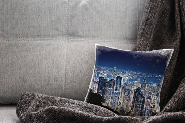 Paul Sinus Art City, schwarz, blau, Hongkong, Nacht, Hochhäuser Deko Kissen 40x40cm für Couch Sofa Lounge Zierkisse Schlussverkauf