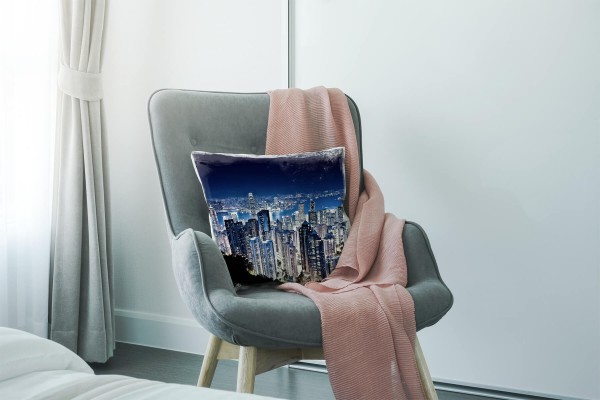 Paul Sinus Art City, schwarz, blau, Hongkong, Nacht, Hochhäuser Deko Kissen 40x40cm für Couch Sofa Lounge Zierkisse Schlussverkauf