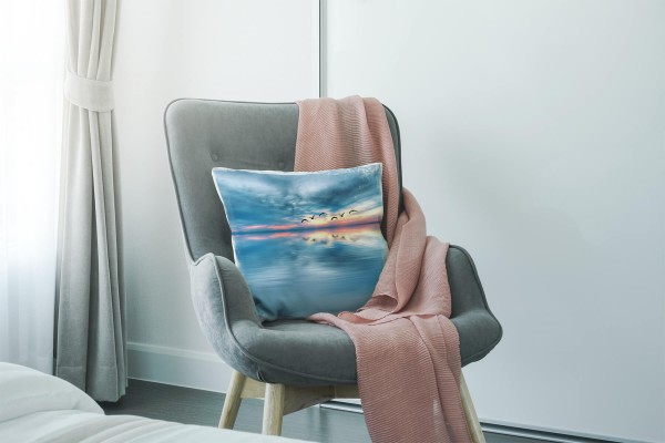 Paul Sinus Art Meer, blau, grau, Vögel, glatte Wasseroberfläche Deko Kissen 40x40cm für Couch Sofa Lounge Zierkisse Fabrikverkauf