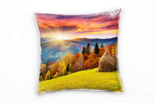 Paul Sinus Art Landschaft, Herbst, grün, orange, Wald, Sonnenuntergang Deko Kissen 40x40cm für Couch Sofa Lounge Zi