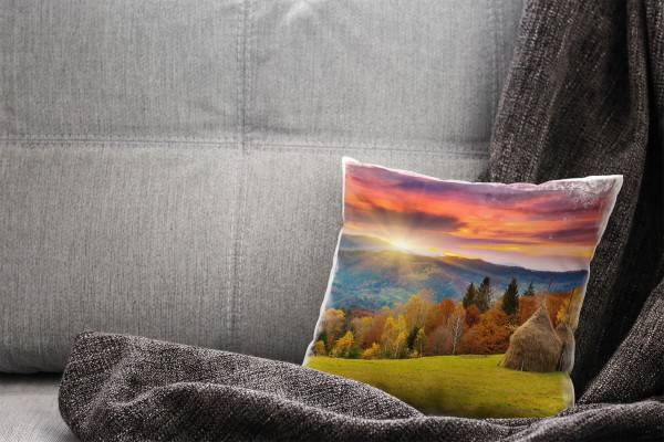 Paul Sinus Art Landschaft, Herbst, grün, orange, Wald, Sonnenuntergang Deko Kissen 40x40cm für Couch Sofa Lounge Zi Limitierter Zeitrabatt
