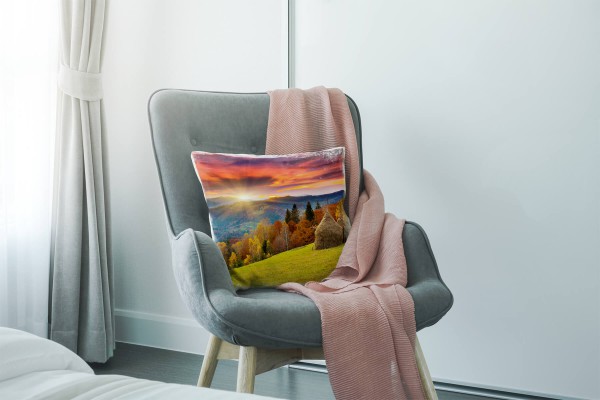 Paul Sinus Art Landschaft, Herbst, grün, orange, Wald, Sonnenuntergang Deko Kissen 40x40cm für Couch Sofa Lounge Zi Limitierter Zeitrabatt
