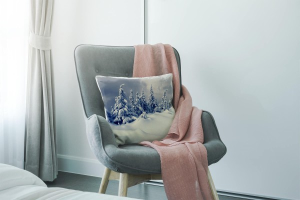 Paul Sinus Art Winter, weiß, grau, schneebedeckte Nadelbäume Deko Kissen 40x40cm für Couch Sofa Lounge Zierkissen Fabrik Onlineshop