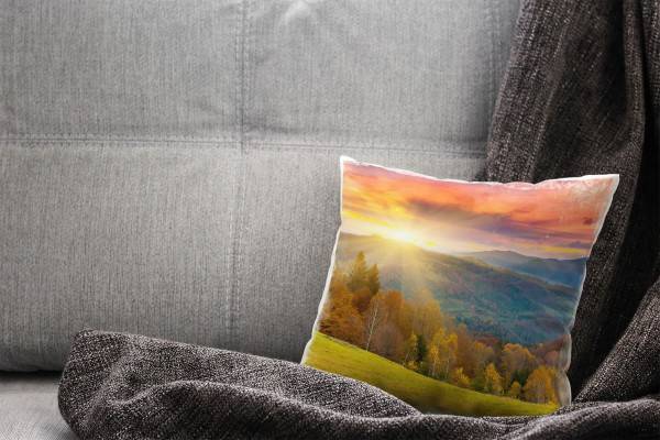Paul Sinus Art Landschaft, Herbst, grün, orange, Wald, Sonnenuntergang Deko Kissen 40x40cm für Couch Sofa Lounge Zi Sonderangebot