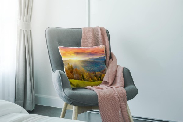 Paul Sinus Art Landschaft, Herbst, grün, orange, Wald, Sonnenuntergang Deko Kissen 40x40cm für Couch Sofa Lounge Zi Sonderangebot