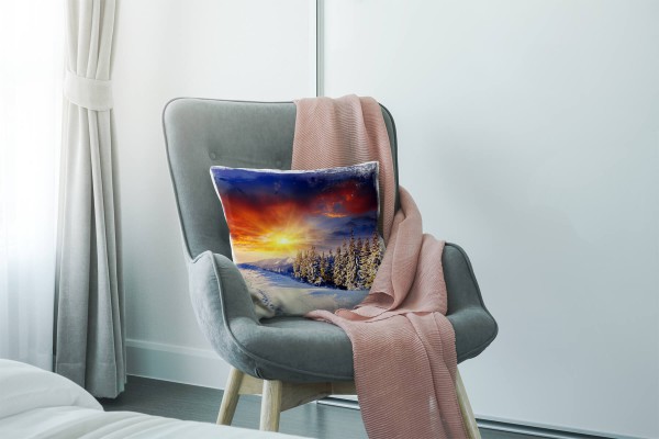 Paul Sinus Art Winter, weiß, orange, blau, schneebedeckter Wald Deko Kissen 40x40cm für Couch Sofa Lounge Zierkisse Rabatt