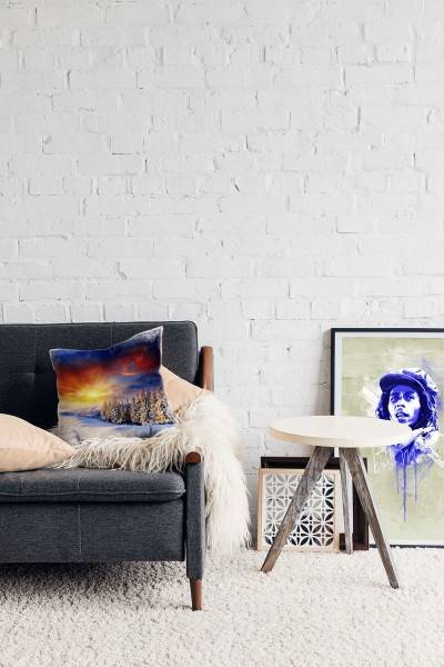 Paul Sinus Art Winter, weiß, orange, blau, schneebedeckter Wald Deko Kissen 40x40cm für Couch Sofa Lounge Zierkisse Rabatt