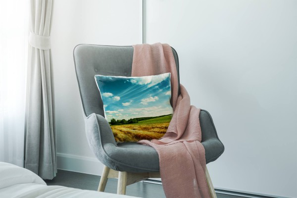 Paul Sinus Art Landschaft, Sommer, blau, braun, grün, Weizenfeld Deko Kissen 40x40cm für Couch Sofa Lounge Zierkiss Begrenztes Angebot