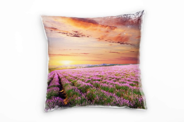 Paul Sinus Art Blumen, Landschaft, orange, rosa, Lavendelfeld Deko Kissen 40x40cm für Couch Sofa Lounge Zierkissen