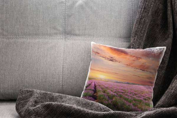 Paul Sinus Art Blumen, Landschaft, orange, rosa, Lavendelfeld Deko Kissen 40x40cm für Couch Sofa Lounge Zierkissen Exklusivangebot