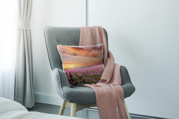 Paul Sinus Art Blumen, Landschaft, orange, rosa, Lavendelfeld Deko Kissen 40x40cm für Couch Sofa Lounge Zierkissen Exklusivangebot