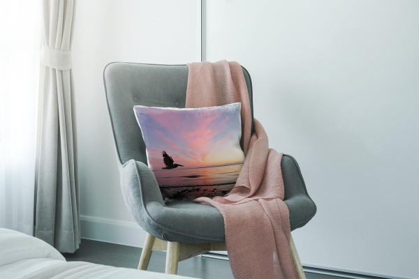 Paul Sinus Art Meer, Tiere, blau, orange, Silhouette eines Pelikans Deko Kissen 40x40cm für Couch Sofa Lounge Zierk Osterangebot