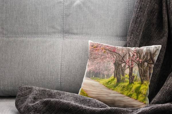 Paul Sinus Art Natur, rosa, grün, Kirschblüten, Allee, Thailand Deko Kissen 40x40cm für Couch Sofa Lounge Zierkisse Jubiläumsangebot