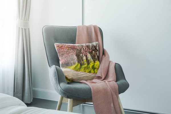 Paul Sinus Art Natur, rosa, grün, Kirschblüten, Allee, Thailand Deko Kissen 40x40cm für Couch Sofa Lounge Zierkisse Jubiläumsangebot