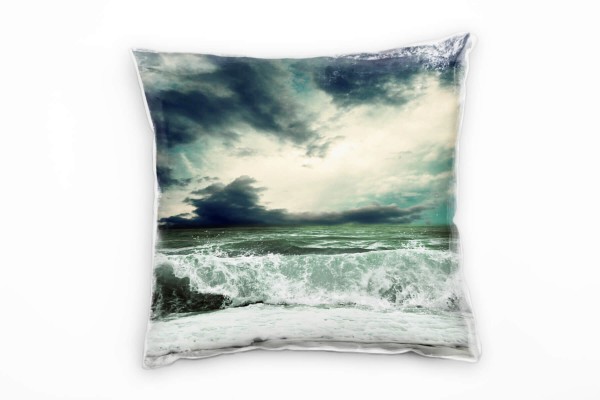 Paul Sinus Art Meer, grau, grün, überschlagende Welle, Wolken Deko Kissen 40x40cm für Couch Sofa Lounge Zierkissen