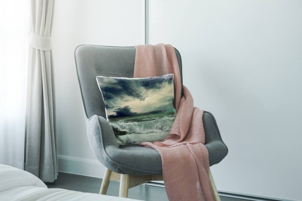 Paul Sinus Art Meer, grau, grün, überschlagende Welle, Wolken Deko Kissen 40x40cm für Couch Sofa Lounge Zierkissen Top Angebot