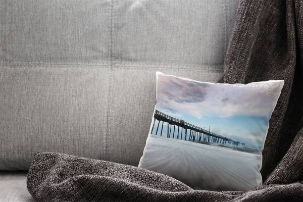 Paul Sinus Art Strand und Meer, blau, braun, Steg, Welle Deko Kissen 40x40cm für Couch Sofa Lounge Zierkissen Neueste Mode