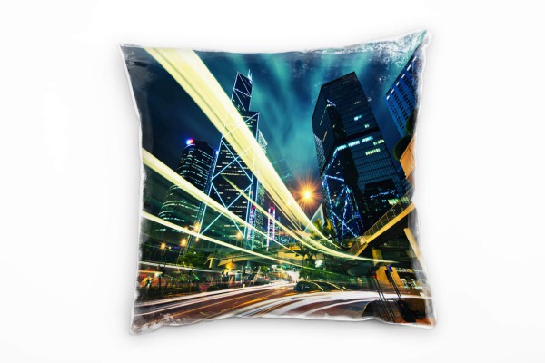 Paul Sinus Art Urban und City, blau, gelb, Lichtlinien, Hochhäuser Deko Kissen 40x40cm für Couch Sofa Lounge Zierki