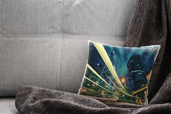 Paul Sinus Art Urban und City, blau, gelb, Lichtlinien, Hochhäuser Deko Kissen 40x40cm für Couch Sofa Lounge Zierki Online Outlet