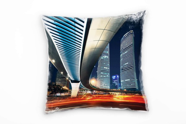 Paul Sinus Art Urban und City, rot, blau, Lichtlinien, Nacht, Brücke Deko Kissen 40x40cm für Couch Sofa Lounge Zier