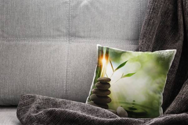 Paul Sinus Art Natur, grün, braun, Bambus, Steine, spirituell Deko Kissen 40x40cm für Couch Sofa Lounge Zierkissen Große Rabatte