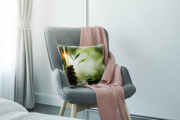 Paul Sinus Art Natur, grün, braun, Bambus, Steine, spirituell Deko Kissen 40x40cm für Couch Sofa Lounge Zierkissen Große Rabatte