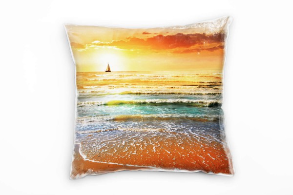 Paul Sinus Art Strand und Meer, orange, Sonnenuntergang, Segelboot Deko Kissen 40x40cm für Couch Sofa Lounge Zierki