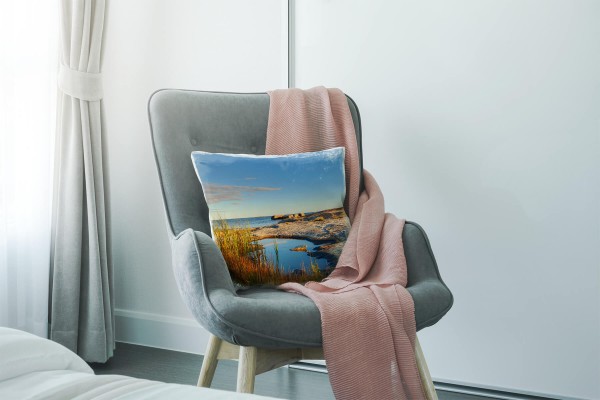 Paul Sinus Art Landschaft, blau, grün, Schweden, Sonnenuntergang Deko Kissen 40x40cm für Couch Sofa Lounge Zierki Nur für heute