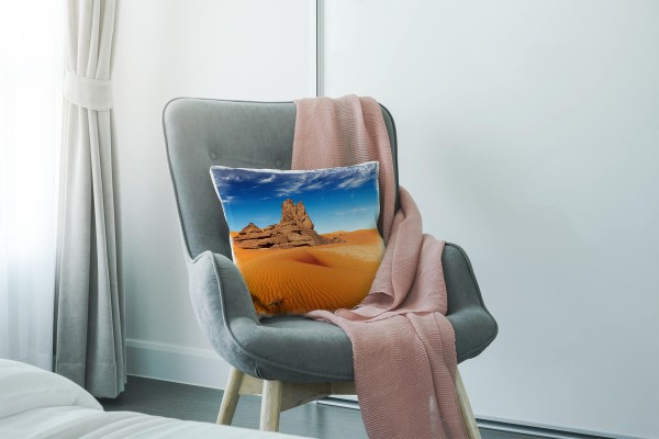 Paul Sinus Art Wüste, blau, orange, Felsen, Dünen Deko Kissen 40x40cm für Couch Sofa Lounge Zierkissen Super Rabatt