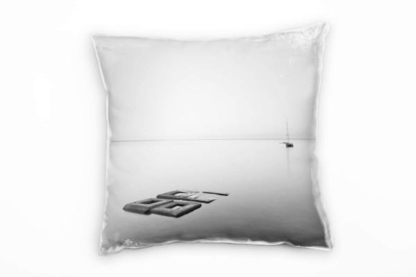 Paul Sinus Art Meer, schwarz, weiß, spiegelglattes Wasser, Boot Deko Kissen 40x40cm für Couch Sofa Lounge Zierkisse