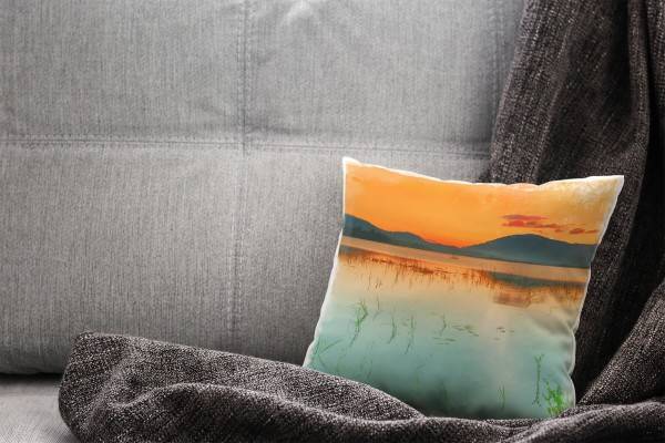 Paul Sinus Art Seen, blau, orange, Sonnenuntergang, Berge Deko Kissen 40x40cm für Couch Sofa Lounge Zierkissen Black Friday Preise