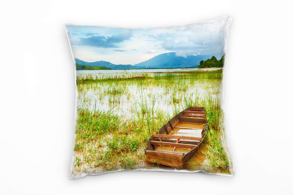 Paul Sinus Art Landschaft, blau, grün, braun, Boot am Strand Deko Kissen 40x40cm für Couch Sofa Lounge Zierkissen
