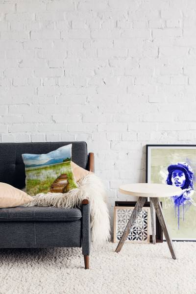 Paul Sinus Art Landschaft, blau, grün, braun, Boot am Strand Deko Kissen 40x40cm für Couch Sofa Lounge Zierkissen zollfrei