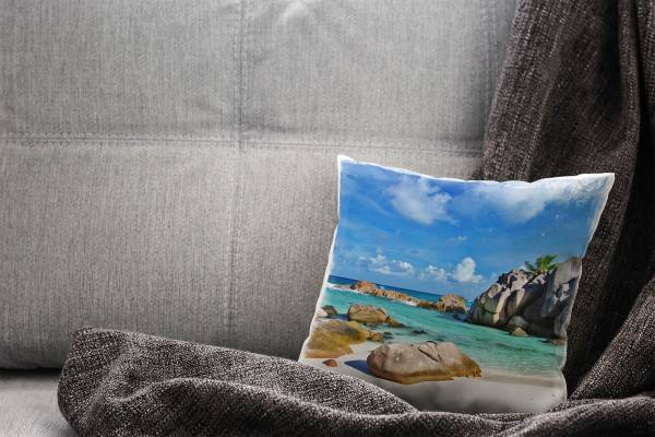 Paul Sinus Art Strand und Meer, türkis, blau, braun, Bucht Deko Kissen 40x40cm für Couch Sofa Lounge Zierkissen Online