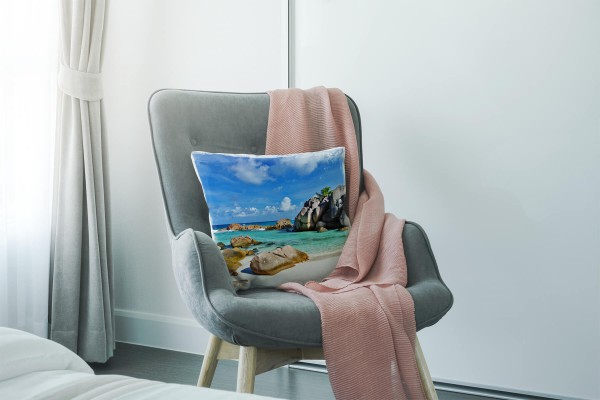 Paul Sinus Art Strand und Meer, türkis, blau, braun, Bucht Deko Kissen 40x40cm für Couch Sofa Lounge Zierkissen Online
