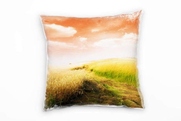 Paul Sinus Art Landschaft, orange, grün, Grasfeld, Sonnenuntergang Deko Kissen 40x40cm für Couch Sofa Lounge Zierki