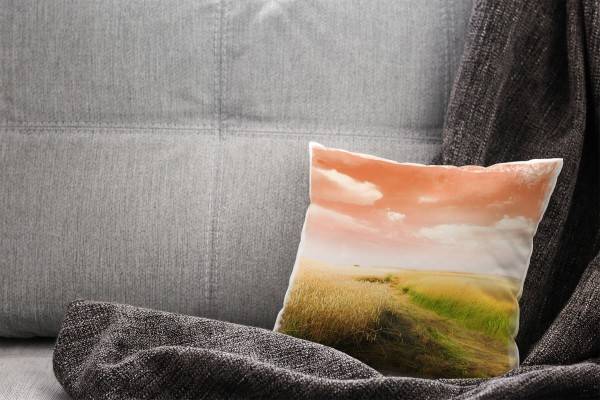 Paul Sinus Art Landschaft, orange, grün, Grasfeld, Sonnenuntergang Deko Kissen 40x40cm für Couch Sofa Lounge Zierki Verkauf