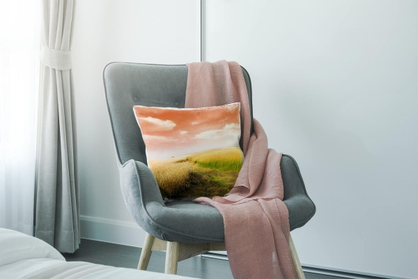 Paul Sinus Art Landschaft, orange, grün, Grasfeld, Sonnenuntergang Deko Kissen 40x40cm für Couch Sofa Lounge Zierki Verkauf