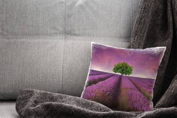 Paul Sinus Art Landschaft, Blumen, lila, grün, Lavendelfeld Deko Kissen 40x40cm für Couch Sofa Lounge Zierkissen Schlussverkauf