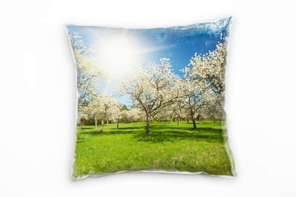 Paul Sinus Art Natur, grün, weiß, blau, blühende Apfelbäume Deko Kissen 40x40cm für Couch Sofa Lounge Zierkissen