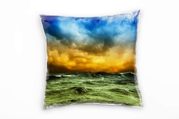 Paul Sinus Art Meer, blau, orange, grün, Wellen, Wolken Deko Kissen 40x40cm für Couch Sofa Lounge Zierkissen