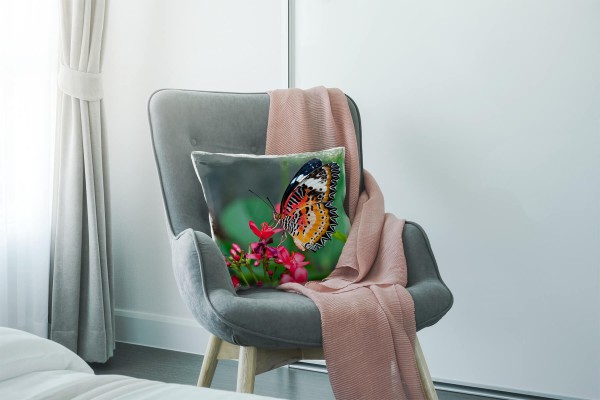 Paul Sinus Art Tiere, Macro, orange, grün, pink, Schmetterling, Blumen Deko Kissen 40x40cm für Couch Sofa Lounge Zi Versandkostenfrei