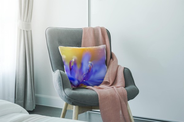 Paul Sinus Art Blumen, Macro, blau, orange, Blütenblätter, Unscharf Deko Kissen 40x40cm für Couch Sofa Lounge Zierk Exklusivangebot