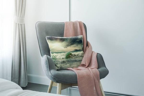 Paul Sinus Art Meer, türkis, grau, überschlagende Welle, Sonne Deko Kissen 40x40cm für Couch Sofa Lounge Zierkissen Valentinstagsangebot