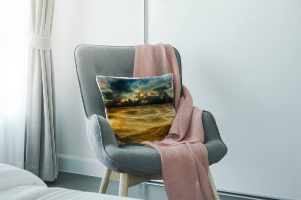 Paul Sinus Art Meer, orange, blau, Wellen, dunkele Wolken Deko Kissen 40x40cm für Couch Sofa Lounge Zierkissen Lagerräumung