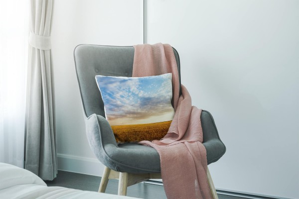 Paul Sinus Art Landschaft, braun, blau, Feld, Sonnenuntergang Deko Kissen 40x40cm für Couch Sofa Lounge Zierkissen Top Angebot
